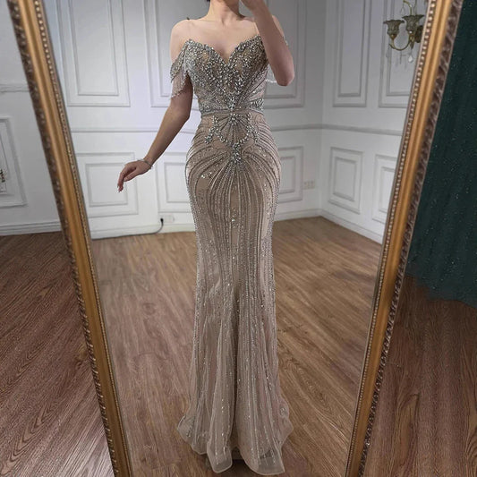 Luxury Pink Beaded Tassel Off-the-Shoulder Evening Dress Dubai Style LA73204