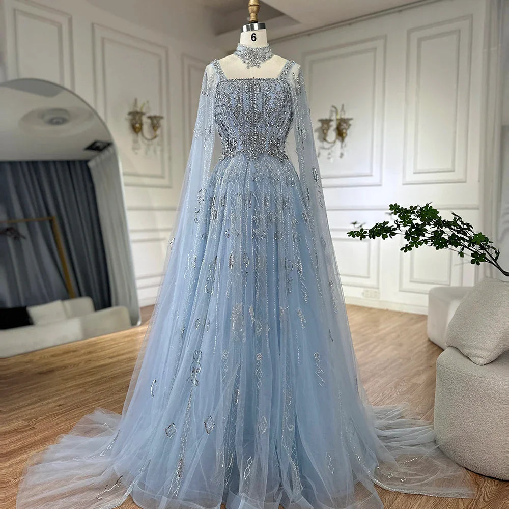 Luxury Cape Sleeve Nude A-Line Crystal Beaded Arabic Evening Dress LA72764