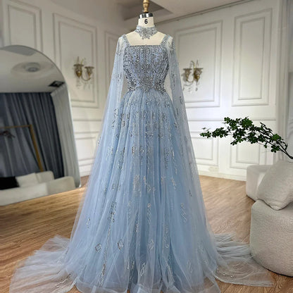 Luxury Cape Sleeve Nude A-Line Crystal Beaded Arabic Evening Dress LA72764