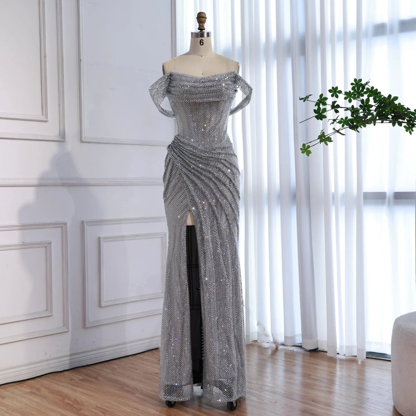 Silver Sparkly Fully Beaded Mermaid Evening Dress with High Slit LA73410