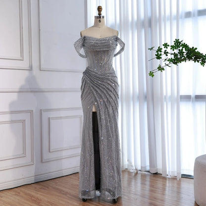 Silver Sparkly Fully Beaded Mermaid Evening Dress with High Slit LA73410