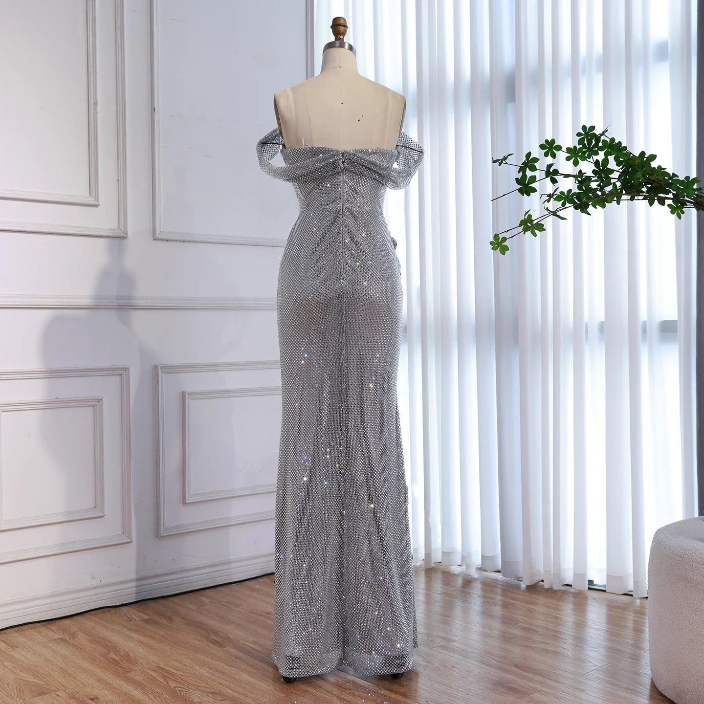 Silver Sparkly Fully Beaded Mermaid Evening Dress with High Slit LA73410