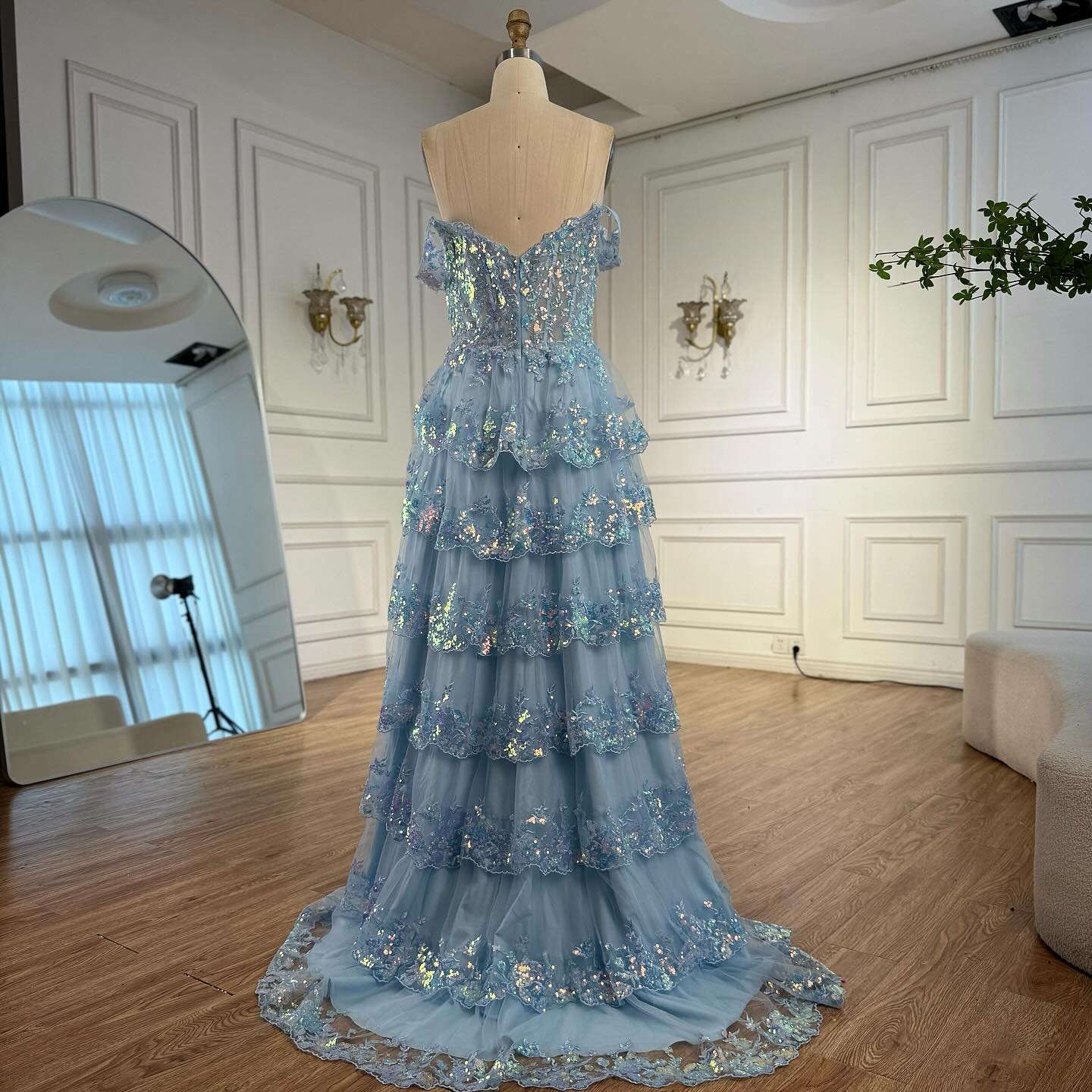 Baby Blue Off-the-Shoulder High Slit Ruffles A-Line Prom Dress LA72586