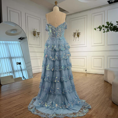 Baby Blue Off-the-Shoulder High Slit Ruffles A-Line Prom Dress LA72586