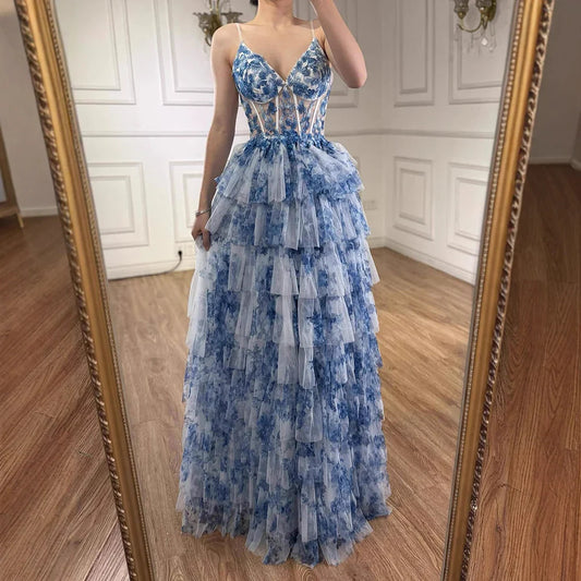 Spaghetti Straps Blue Floral Print Flowy Ruffle Garden Prom Dress MN73171
