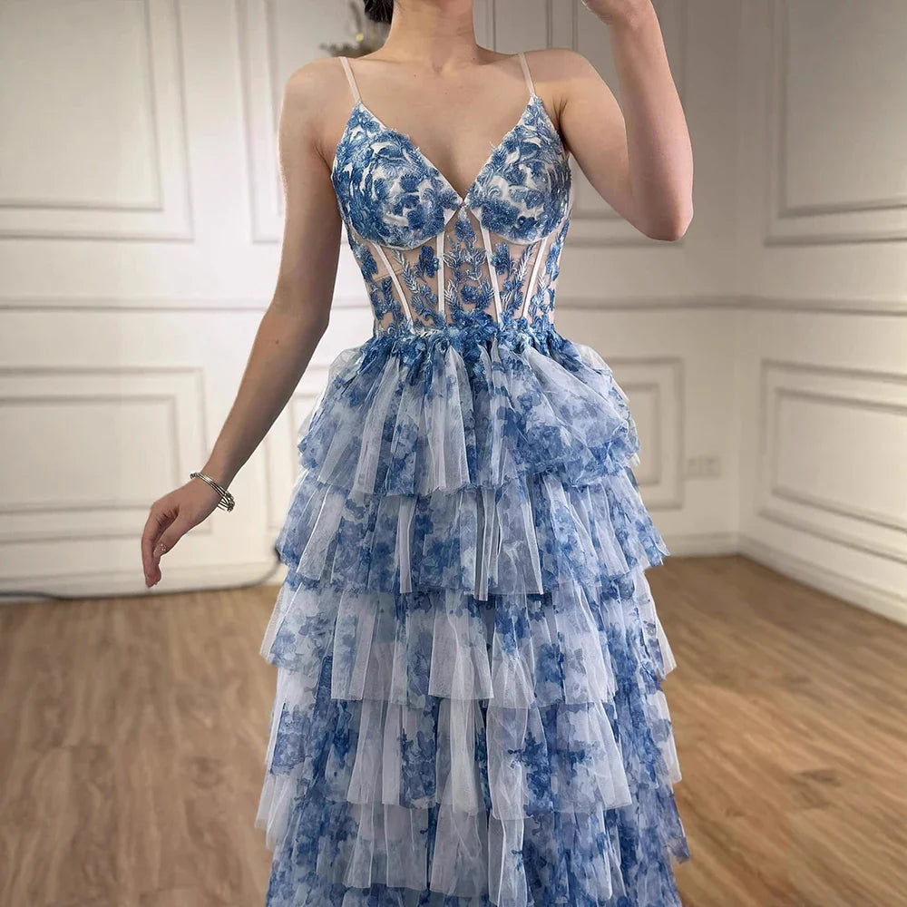 Spaghetti Straps Blue Floral Print Flowy Ruffle Garden Prom Dress LA73171