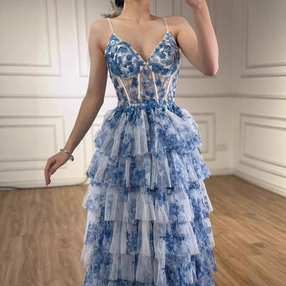 Spaghetti Straps Blue Floral Print Flowy Ruffle Garden Prom Dress LA73171