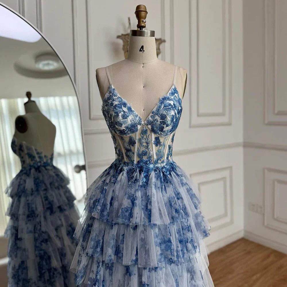 Spaghetti Straps Blue Floral Print Flowy Ruffle Garden Prom Dress LA73171