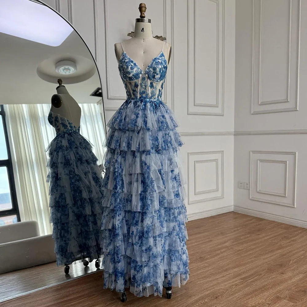 Spaghetti Straps Blue Floral Print Flowy Ruffle Garden Prom Dress LA73171