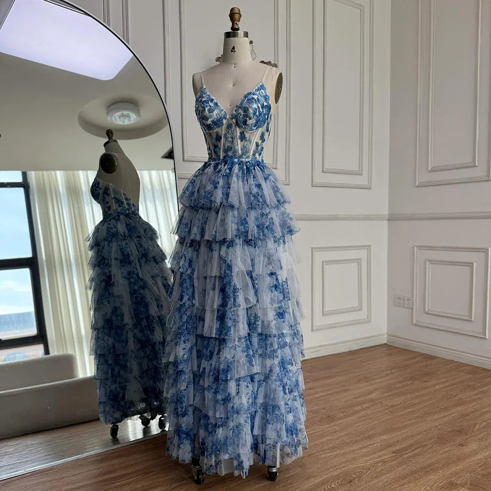 Spaghetti Straps Blue Floral Print Flowy Ruffle Garden Prom Dress LA73171
