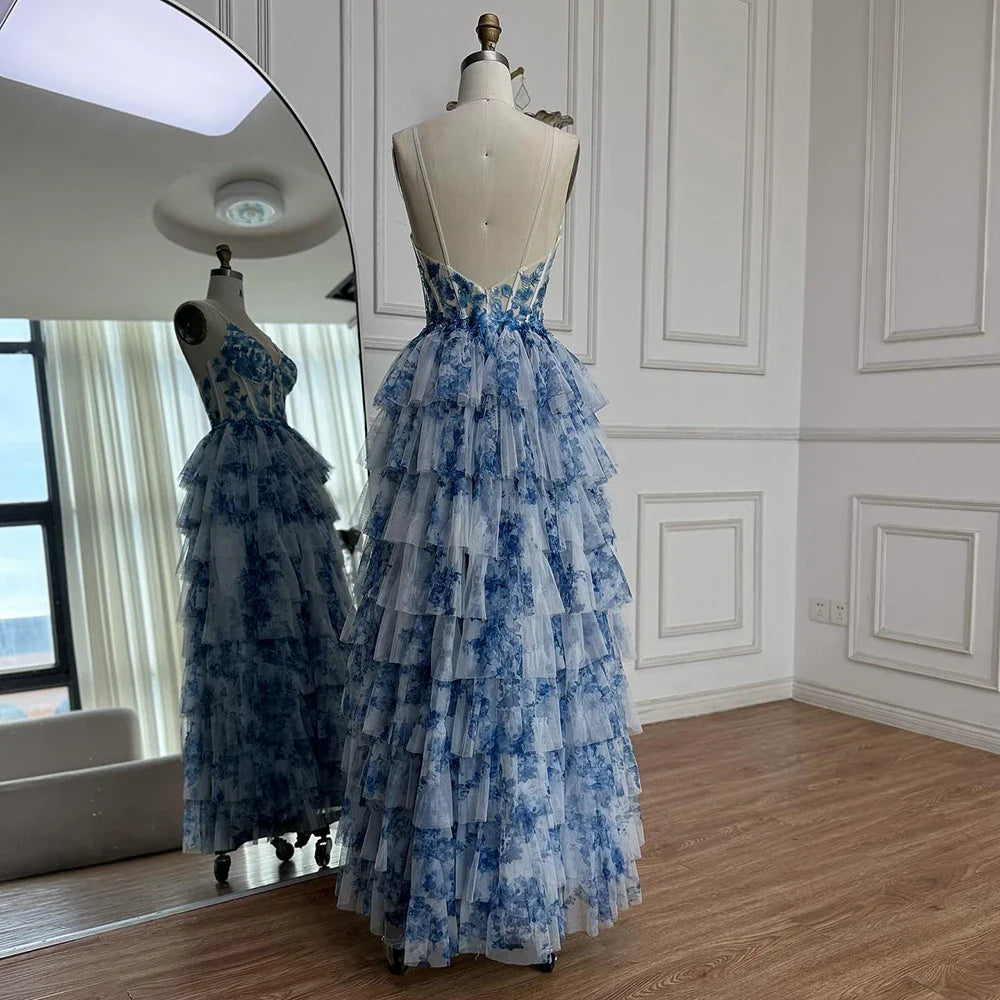 Spaghetti Straps Blue Floral Print Flowy Ruffle Garden Prom Dress LA73171