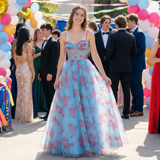 Spaghetti Strap Blue Floral Print A-Line Flowing Garden Prom Dress MN73956