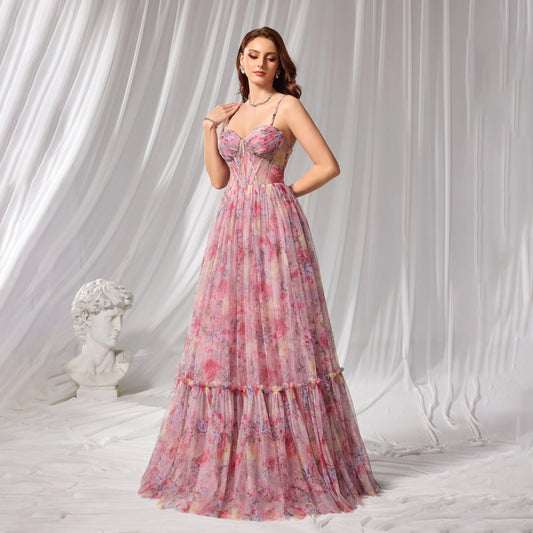 Pink Floral Print Ruffle Tiered A-Line Prom Dress MN73149