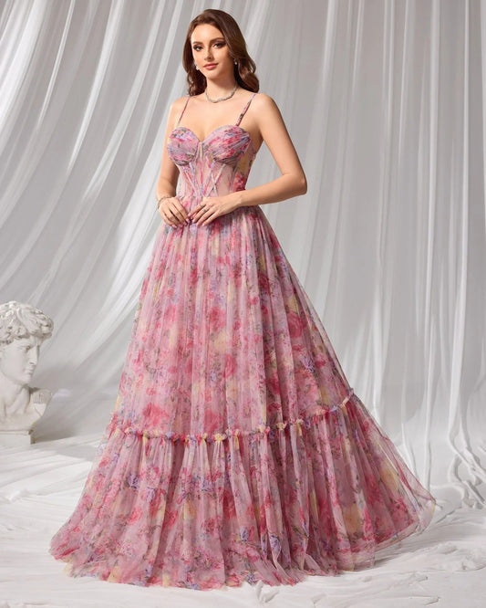 Pink Floral Print Ruffle Tiered A-Line Prom Dress MN73149
