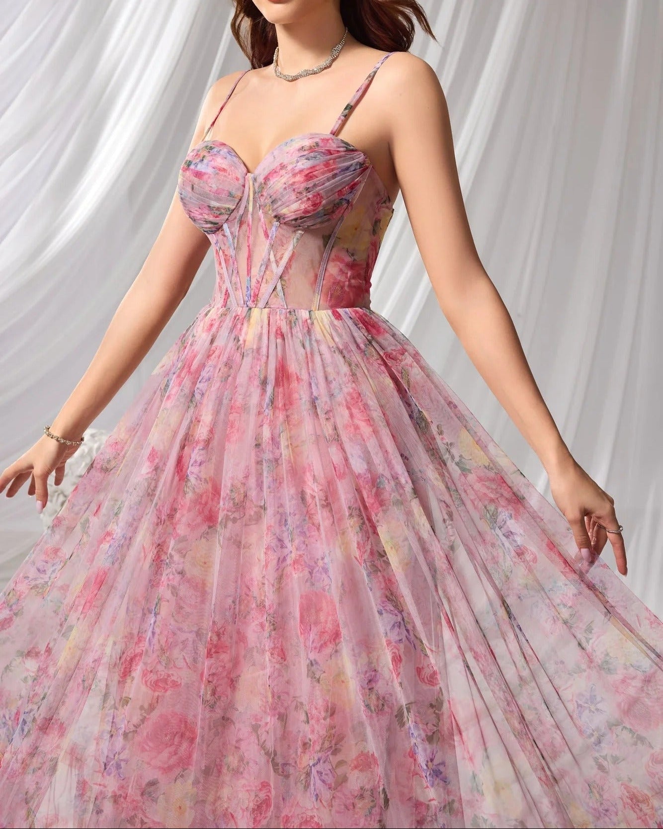 Pink Floral Print Ruffle Tiered A-Line Prom Dress LA73149