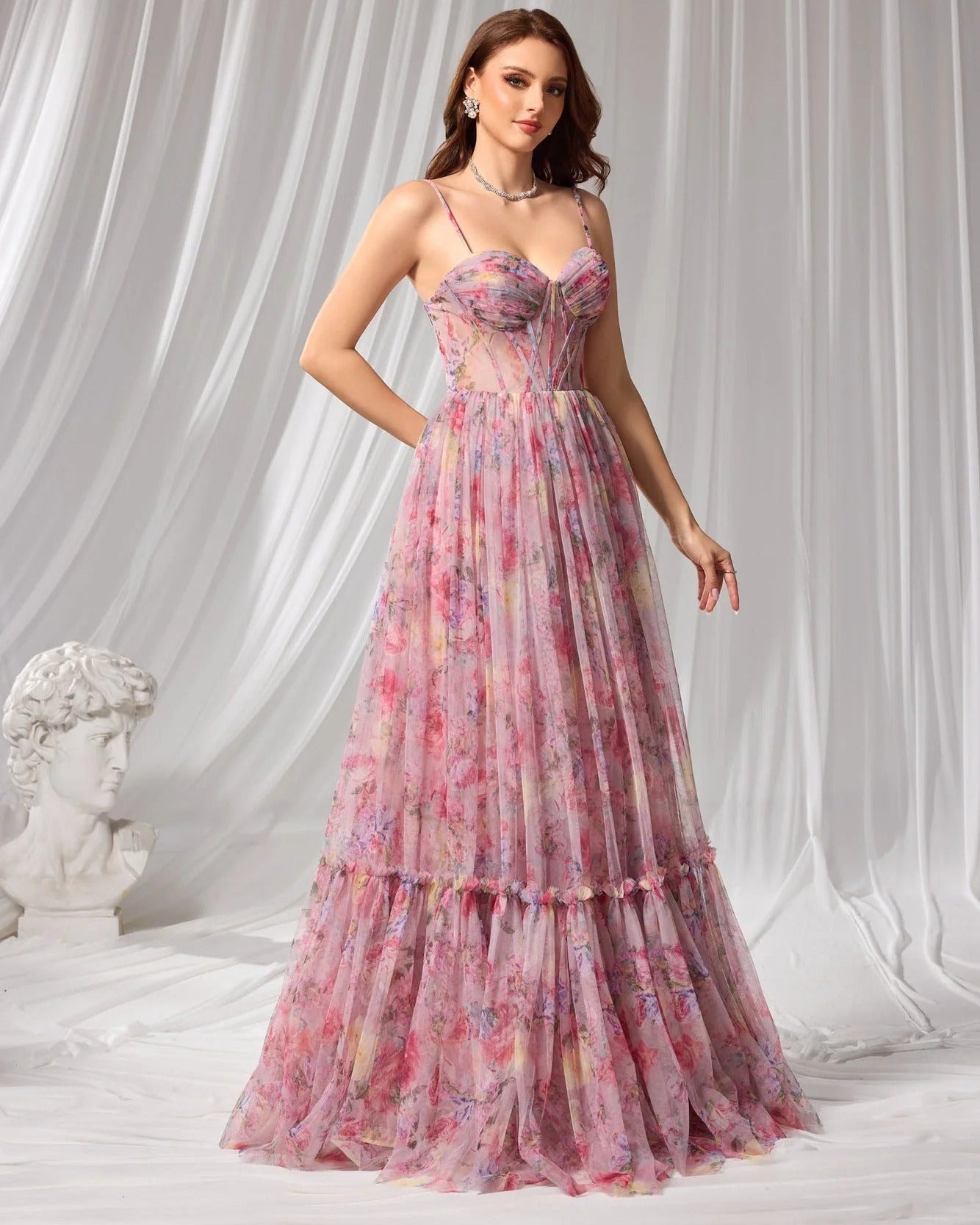 Pink Floral Print Ruffle Tiered A-Line Prom Dress LA73149