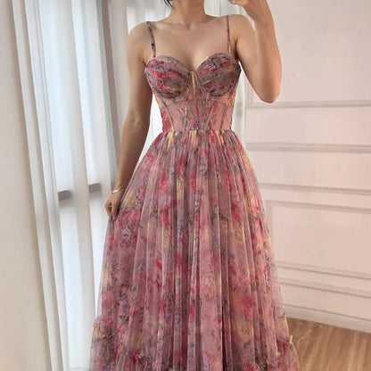 Pink Floral Print Ruffle Tiered A-Line Prom Dress LA73149