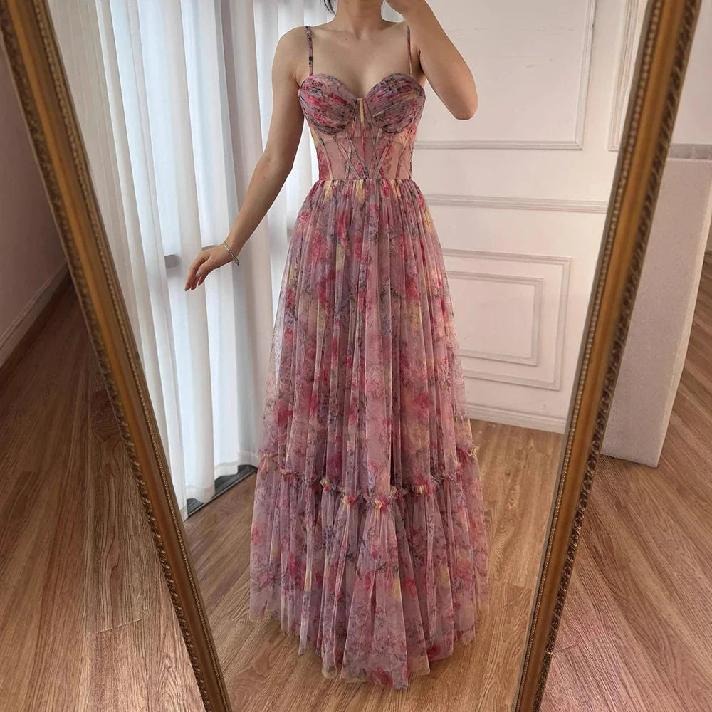Pink Floral Print Ruffle Tiered A-Line Prom Dress LA73149