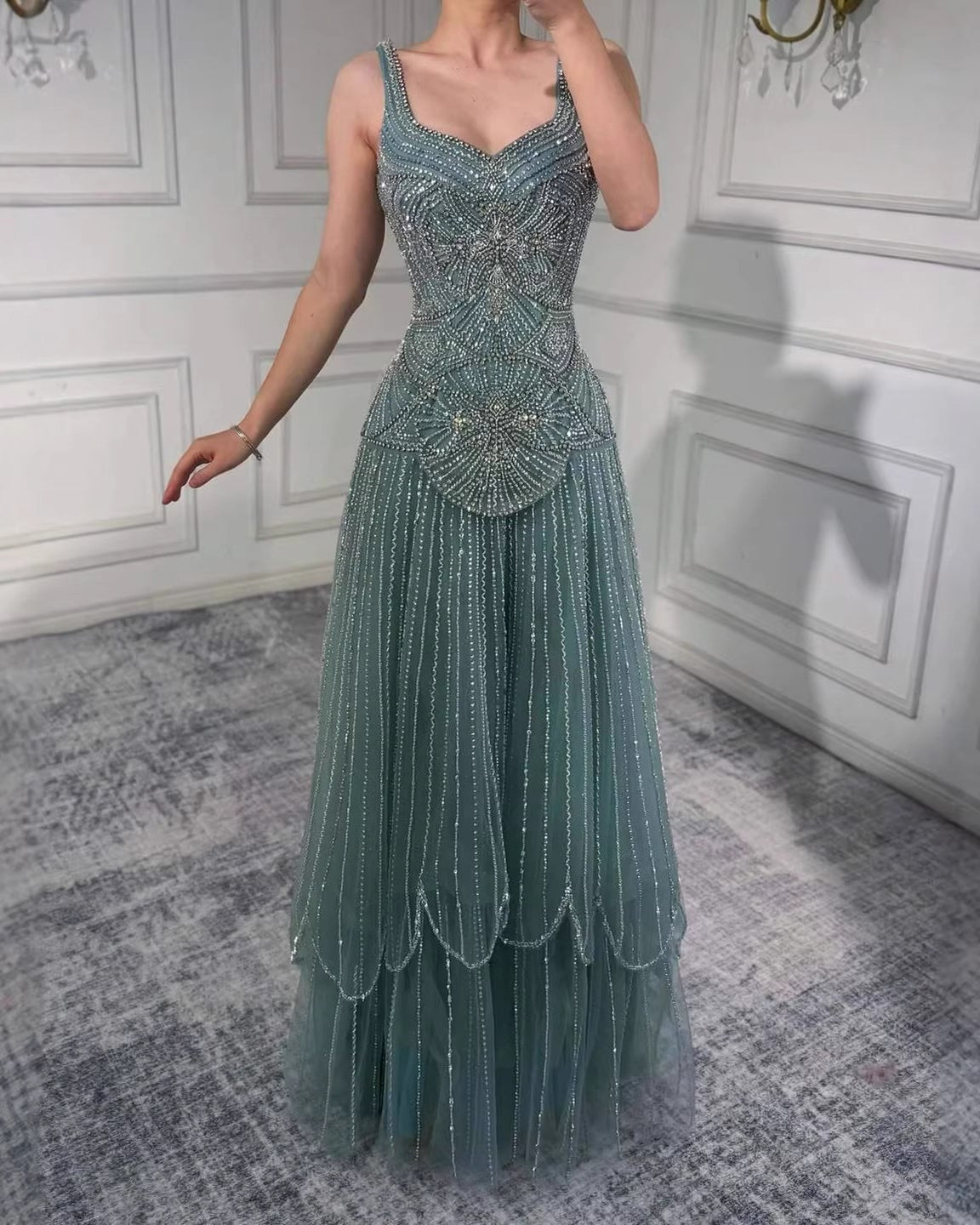 Nude Handcrafted Beaded Spaghetti Strap A-Line Evening Dress LA73189C