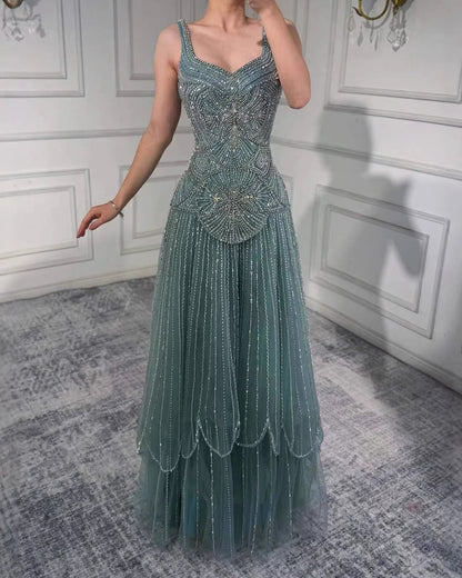 Nude Handcrafted Beaded Spaghetti Strap A-Line Evening Dress LA73189C