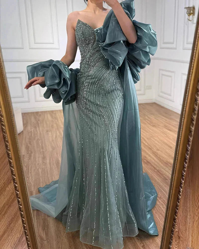 Nude Strapless Beaded Mermaid Evening Dress with Puffy Sleeve Over Skirt for Pageant LA72896