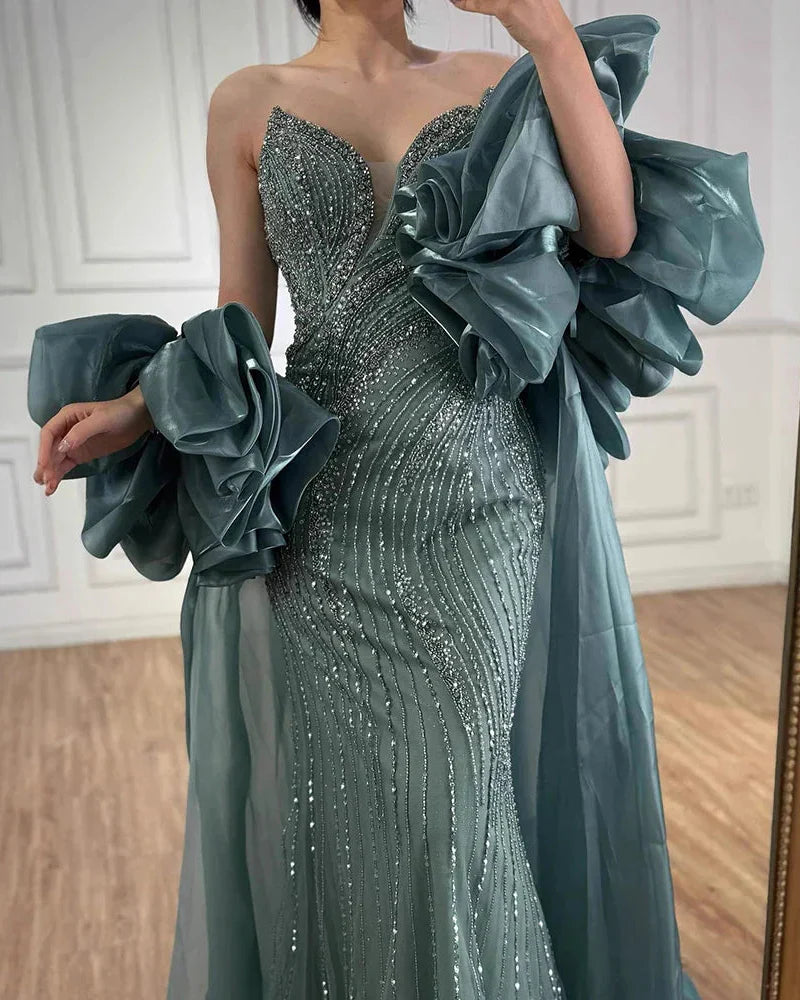 Nude Strapless Beaded Mermaid Evening Dress with Puffy Sleeve Over Skirt for Pageant LA72896