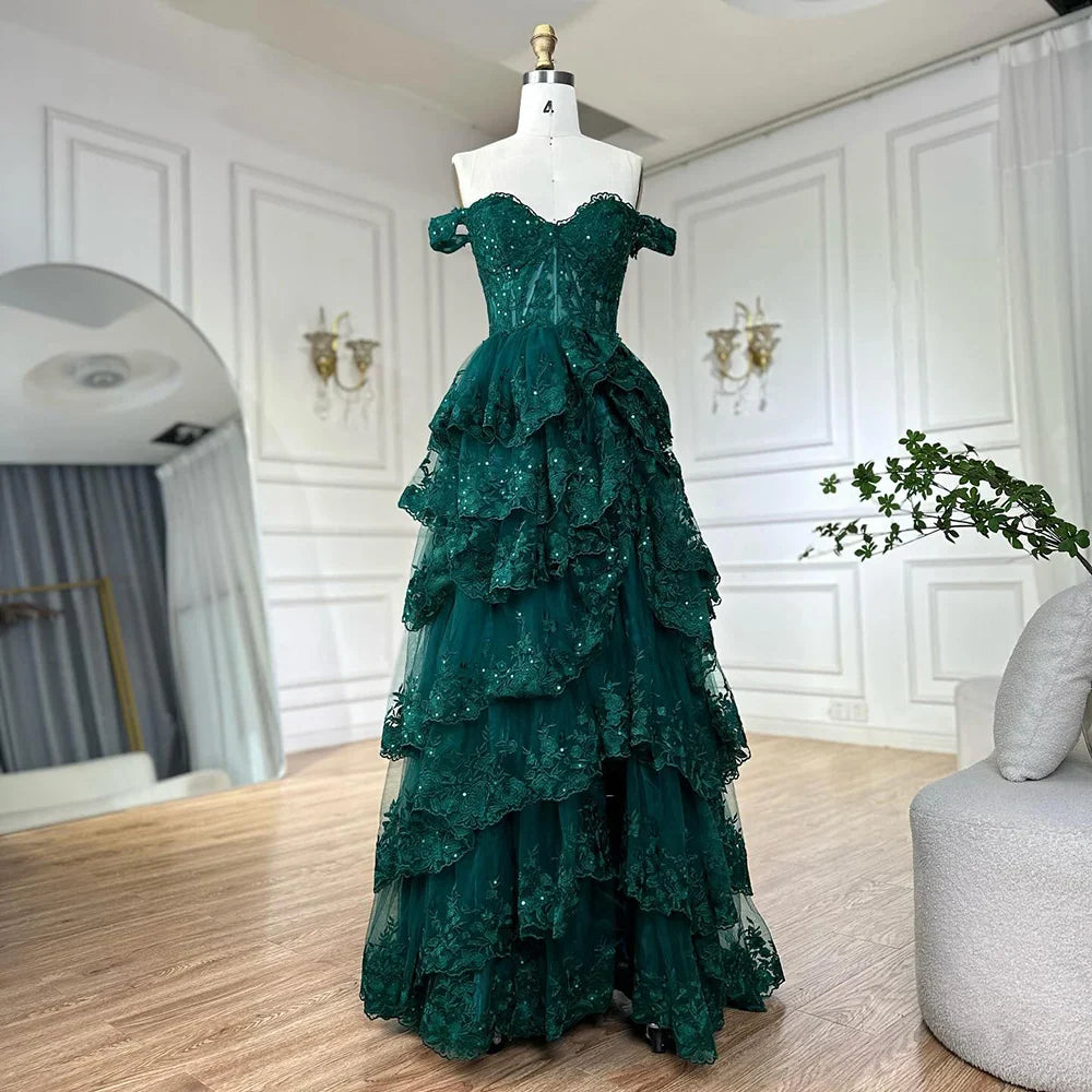 Baby Blue Off-the-Shoulder High Slit Ruffles A-Line Prom Dress LA72586