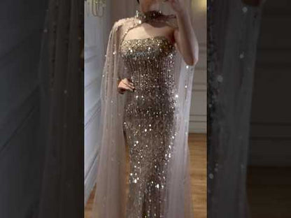 Luxury Turquoise Beaded Evening Dress with Detachable Cape LA72714B