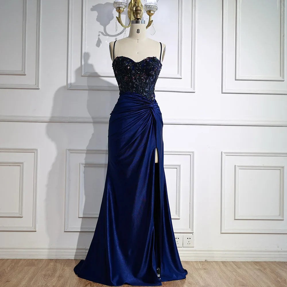 Sage Green Spaghetti Straps Sequined Satin Prom Dress with High Slit LA73032A
