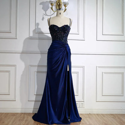 Sage Green Spaghetti Straps Sequined Satin Prom Dress with High Slit LA73032A