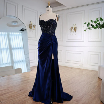 Sage Green Spaghetti Straps Sequined Satin Prom Dress with High Slit LA73032A