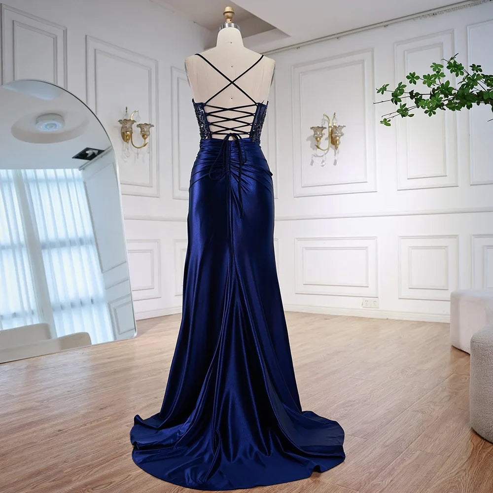 Sage Green Spaghetti Straps Sequined Satin Prom Dress with High Slit LA73032A