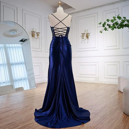 Sage Green Spaghetti Straps Sequined Satin Prom Dress with High Slit LA73032A