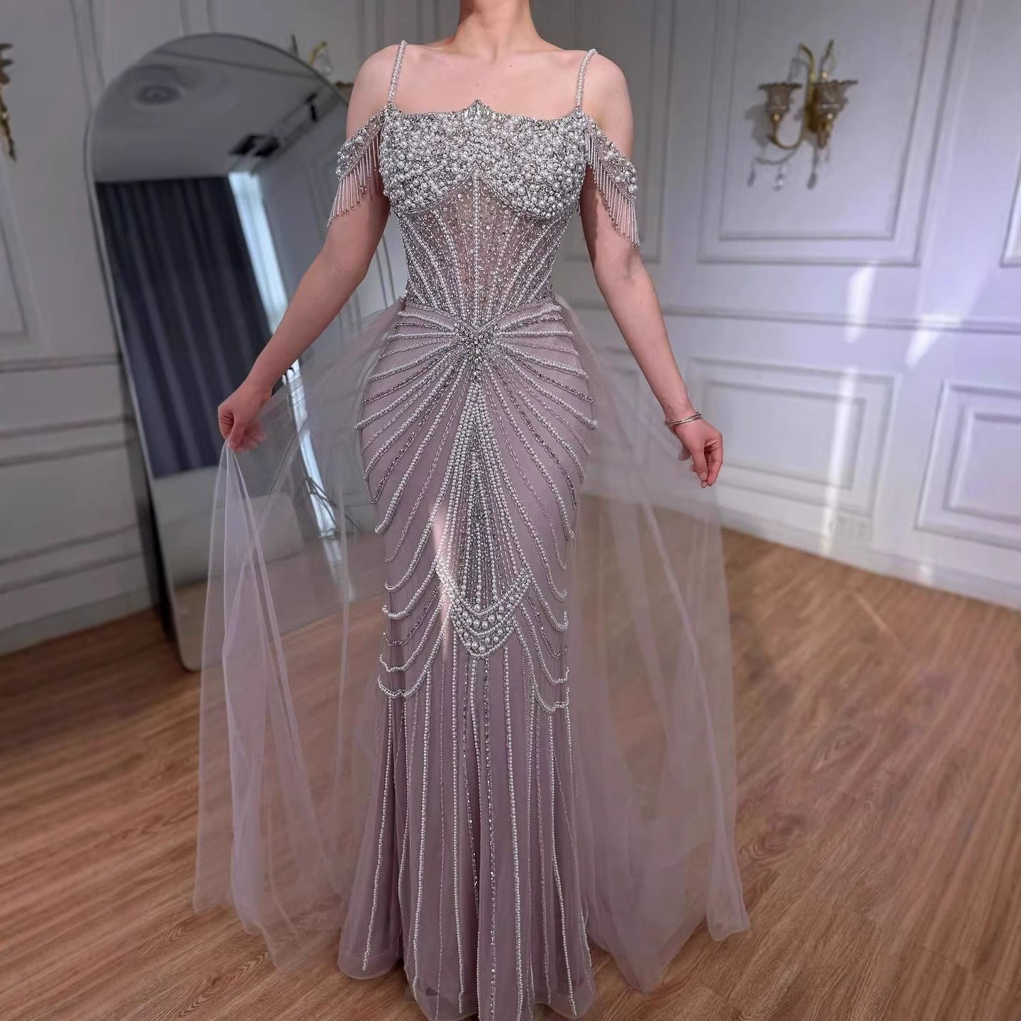 Nude Pearls Heavy Beaded Mermaid Evening Dress with Tulle Train LA73148B