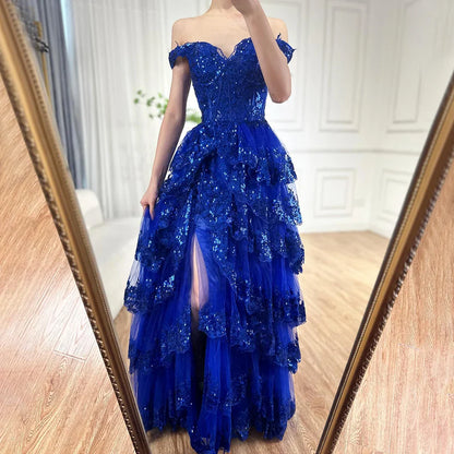 Baby Blue Off-the-Shoulder High Slit Ruffles A-Line Prom Dress LA72586