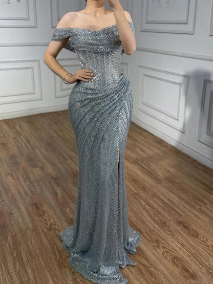 Silver Sparkly Fully Beaded Mermaid Evening Dress with High Slit LA73410