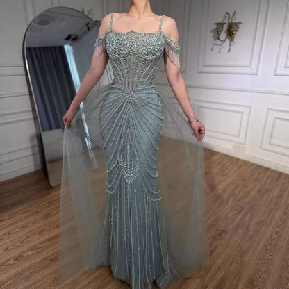 Nude Pearls Heavy Beaded Mermaid Evening Dress with Tulle Train LA73148B
