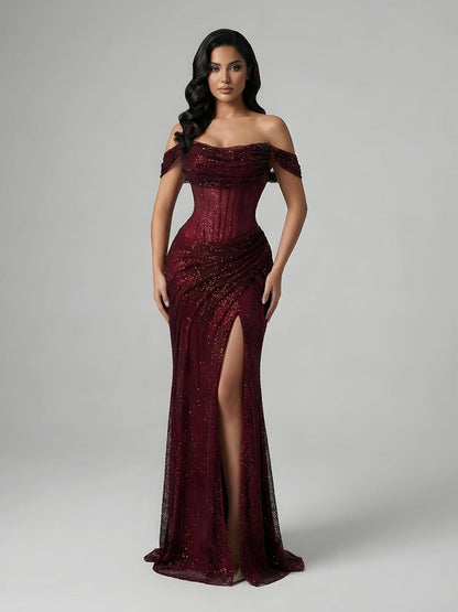 Silver Sparkly Fully Beaded Mermaid Evening Dress with High Slit LA73410