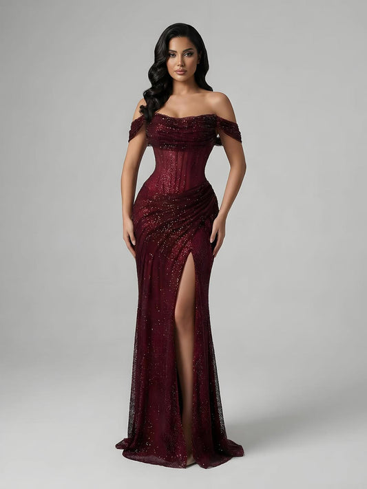 Wine Red Sparkly Beaded Mermaid Evening Dress with High Slit LA73410