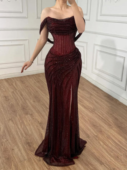 Silver Sparkly Fully Beaded Mermaid Evening Dress with High Slit LA73410