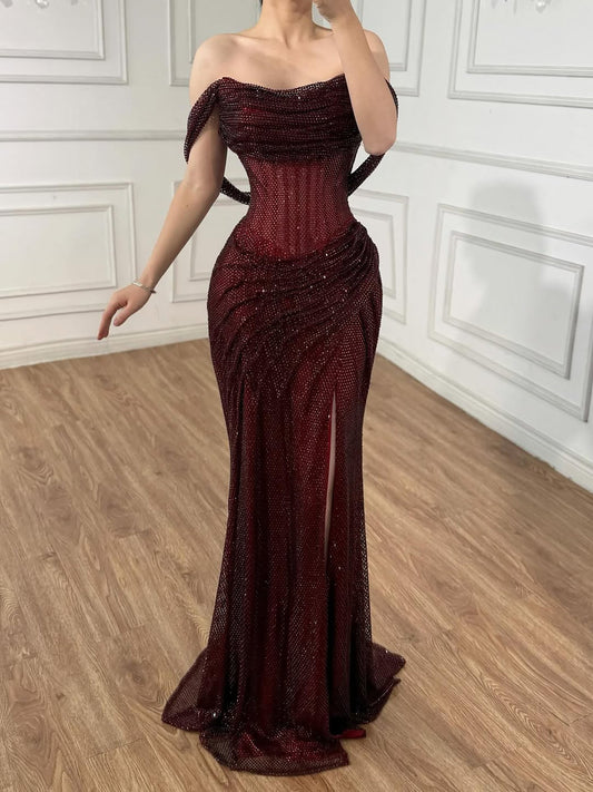 Wine Red Sparkly Beaded Mermaid Evening Dress with High Slit LA73410
