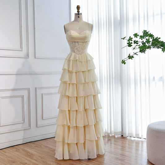 Light Blue Strapless Lace Chiffon Flowy A-Line Prom Dress for Party MN73434
