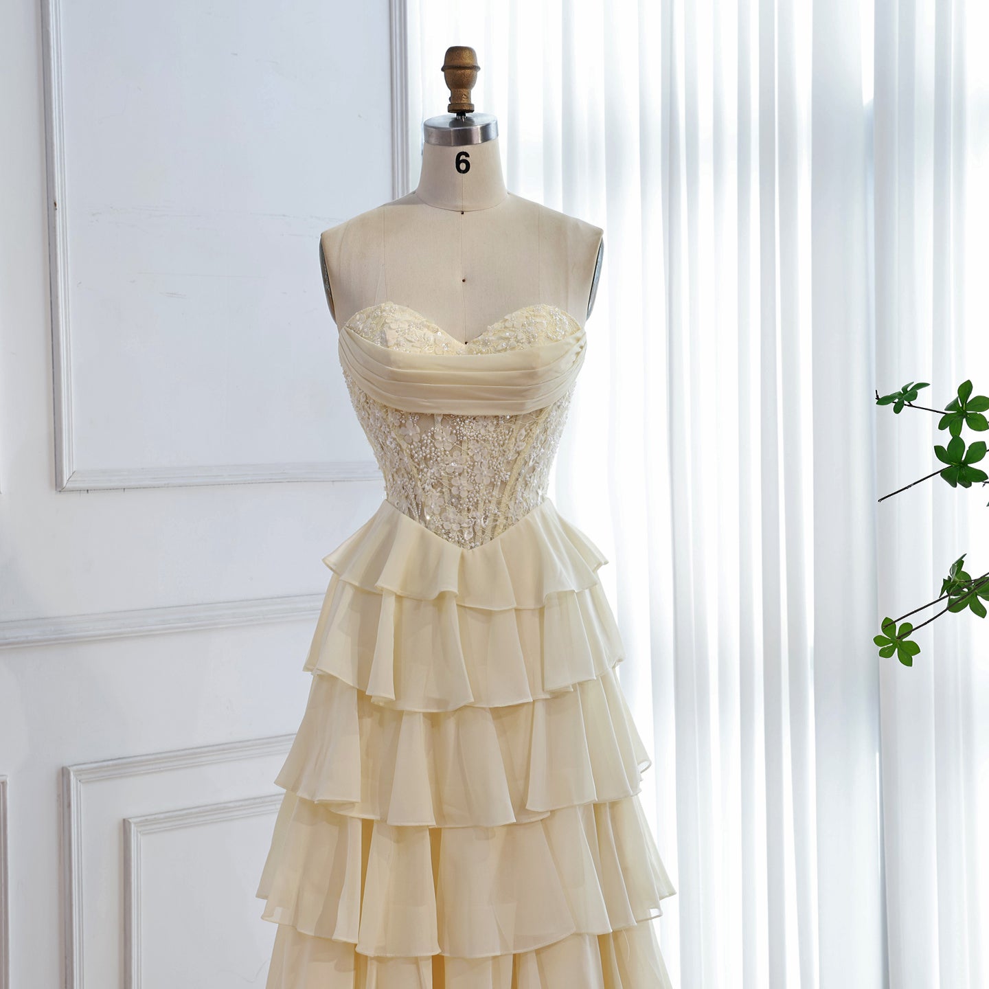 Light Blue Strapless Lace Chiffon Flowy A-Line Prom Dress for Party LA73434