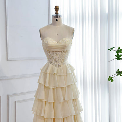 Light Blue Strapless Lace Chiffon Flowy A-Line Prom Dress for Party LA73434